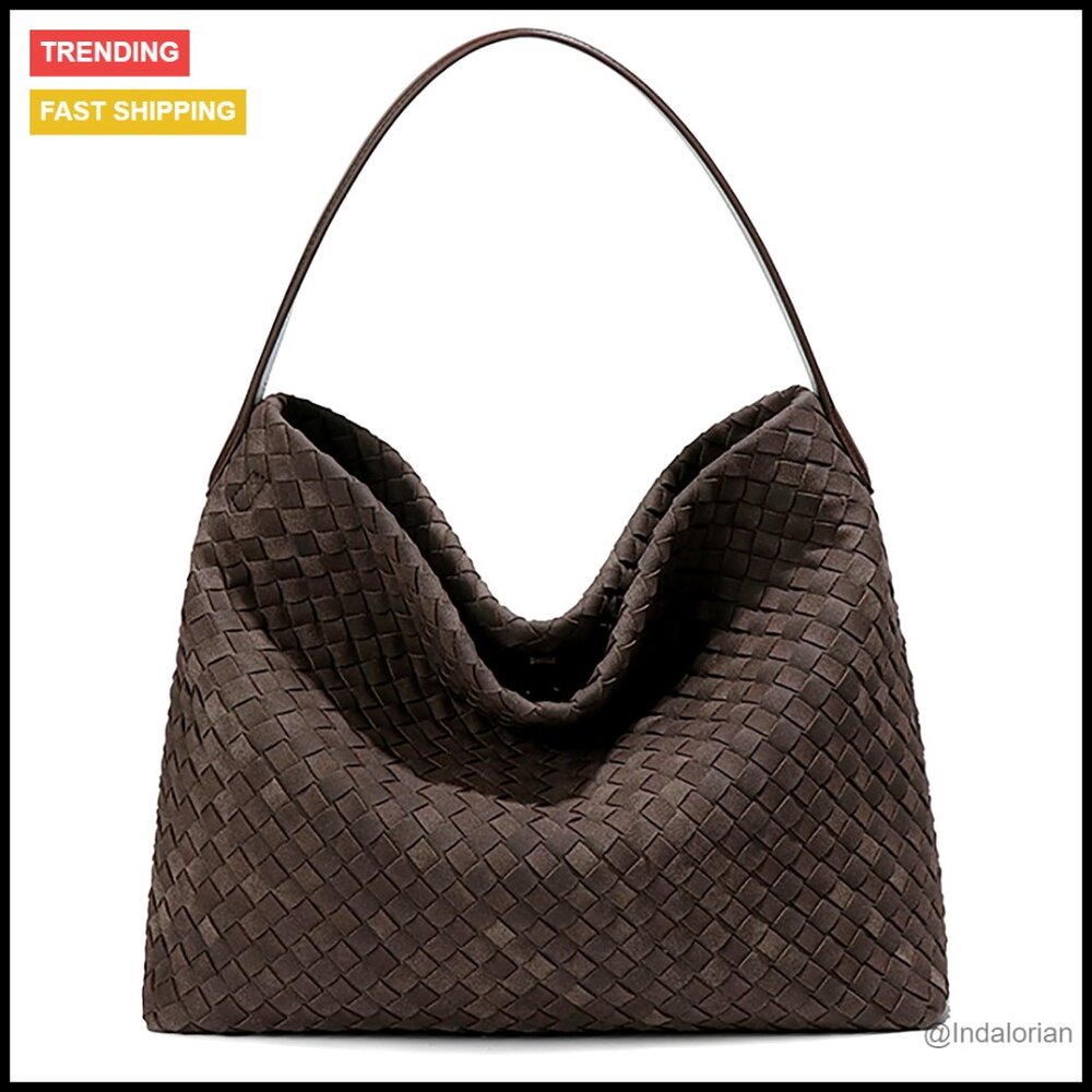 Woven Suede Hobo Bag Elegant Shoulder Tote Retro Style Work Travel